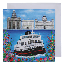 Load image into Gallery viewer, Greeting card with a painting of a ferry going across the Mersey in front of the 'three graces' Liverpool buildings.