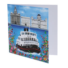 Load image into Gallery viewer, Greeting card with a painting of a ferry going across the Mersey in front of the 'three graces' Liverpool buildings.