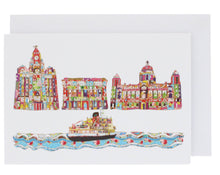 Load image into Gallery viewer, Front of card showing three buildings and a ferry in Tula Moon's distinctive colourful patchwork style.