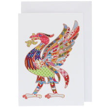 Load image into Gallery viewer, Front of greeting card showing a liver bird, in Tula Moon's distinctive colourful patchwork style.