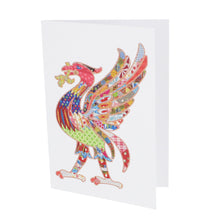 Load image into Gallery viewer, Front of greeting card showing a liver bird, in Tula Moon's distinctive colourful patchwork style.