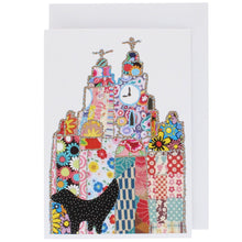 Load image into Gallery viewer, Greetings card showing the outline of the liver building in Tula Moon's distinctive colourful patchwork style.