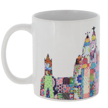 Load image into Gallery viewer, Ceramic mug featuring Liverpool's skyline in Tula Moon's distinctive bright patchwork style.