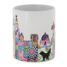 Load image into Gallery viewer, Ceramic mug featuring Liverpool's skyline in Tula Moon's distinctive bright patchwork style.
