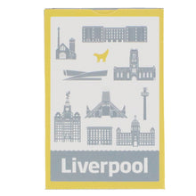 Load image into Gallery viewer, Pack of playing cards, illustrated with Liverpool's skyline in grey and the iconic super lambanana statue in yellow