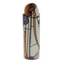 Load image into Gallery viewer, Cylindrical vase with asymmetric top, showing a reproduction Mackintosh's Rose painting.