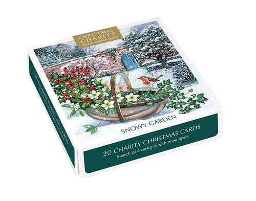 Box of Snowy Garden Christmas cards with a winter scene and basket of flowers on a white background