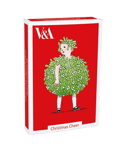 V&A Christmas Cheer card box with a person wearing a wreath design on a red background