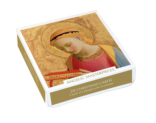 Box of Angelic Masterpieces Christmas cards with a religious artwork on the cover.