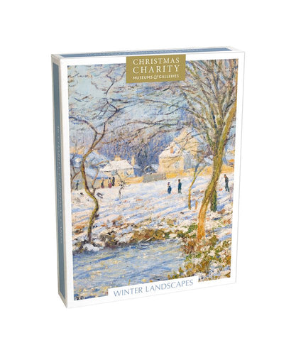 A box of Christmas cards with winter landscape painting and 'Christmas Charity' label on a white background