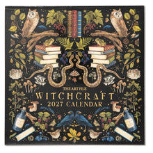 Load image into Gallery viewer, A square wall calendar cover for 'The Art File: Witchcraft 2027 Calendar' featuring a highly detailed, symmetrical illustration of witchcraft elements like owls, books, snakes, mushrooms, birds, and bottles on a black background.