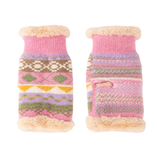 Pair of pink knitted fingerless gloves with patterned cuff on a white background