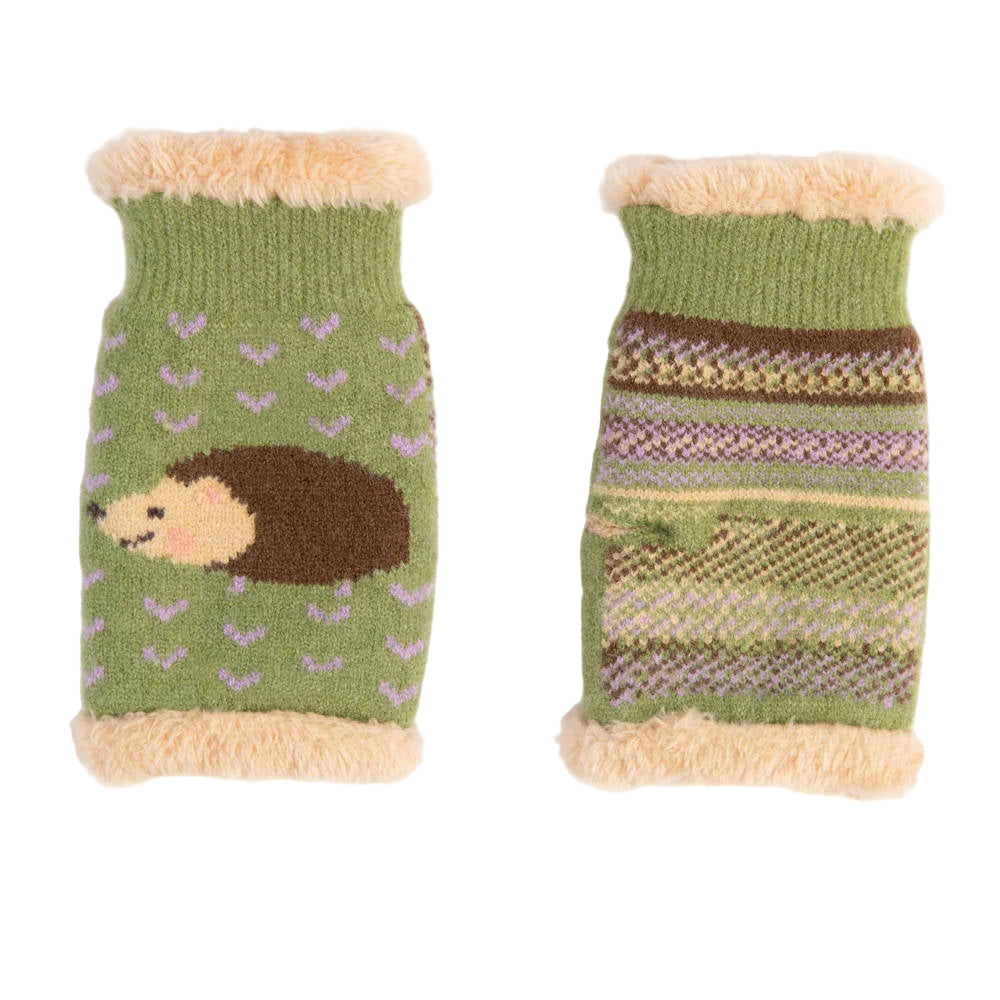 A pair of wrist warmers in green with a cute hedgehog design.