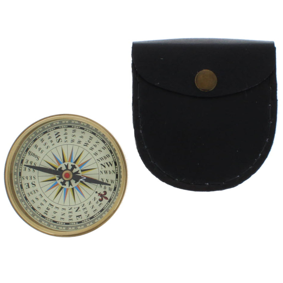 Brass compass with leather pouch