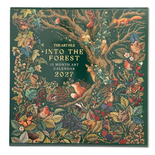 Load image into Gallery viewer, A square 12-month art calendar titled 'Into the Forest 2027' by The Art File, featuring a dense forest illustration with squirrels, birds, berries, and foliage on a dark green background.