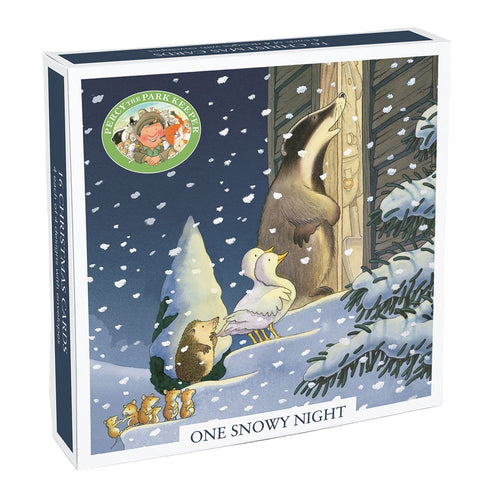 Cardboard box with winter scene illustration featuring animals and snow, featuring the Percy the Park Keeper logo.