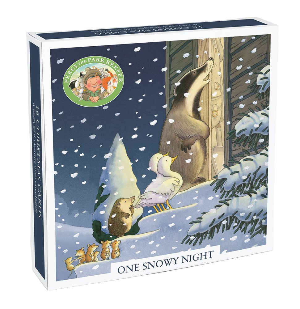 Cardboard box with winter scene illustration featuring animals and snow, featuring the Percy the Park Keeper logo.