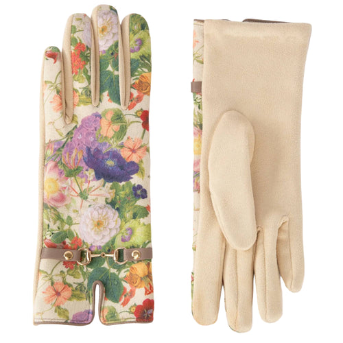 Floral-patterned gloves and a plain beige glove on the reverse on a white background