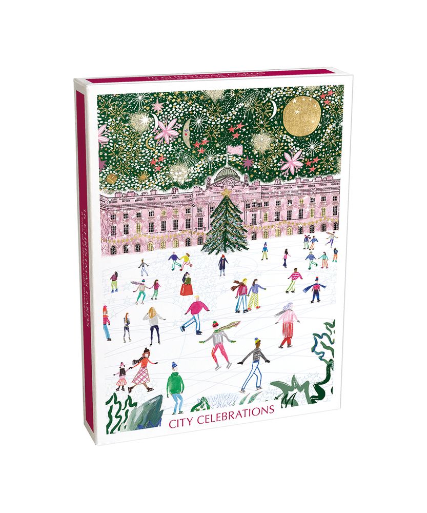 A box of Christmas cards with festive illustration of a city scene, Christmas tree, and people skating.