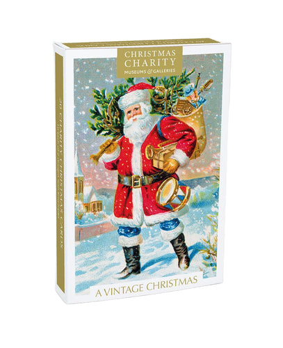 Box with a vintage Santa Claus design and 'Christmas Charity' text on a white background