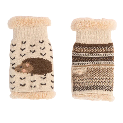A pair of wrist warmers in cream with a hedgehog design.