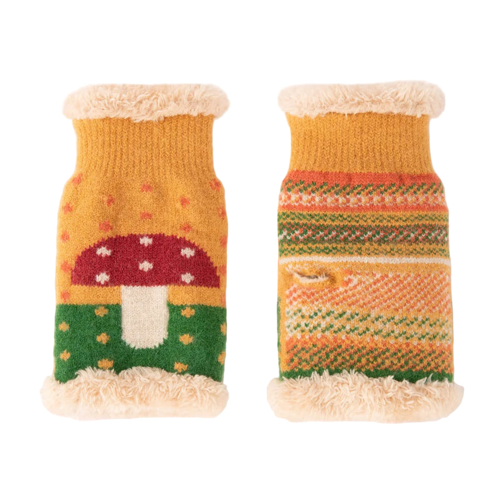 A pair of wrist warmers in mustard with a toadstool design.