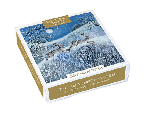 Box of Christmas cards with hares in a snowy landscape on a white background