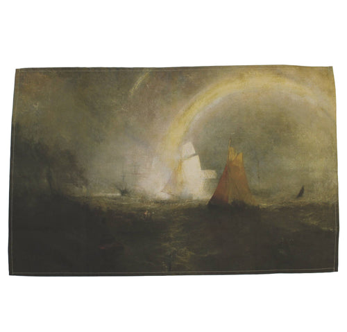 A tea towel with a Turner painting. Two ships under a rainbow on the sea with a buoy in the corner.