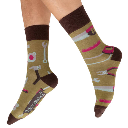 Pair of socks with tool pattern on a white background