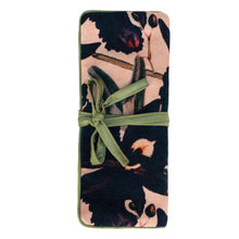 Load image into Gallery viewer, Jewellery roll with pink and purple floral design. Green trim and ribbon ties.