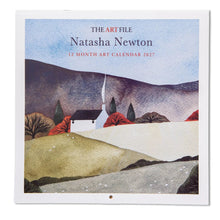 Load image into Gallery viewer, The Art File Natasha Newton 12 Month Art Calendar 2027, featuring a stylized landscape illustration with hills, trees, a small house, and a pale blue sky.