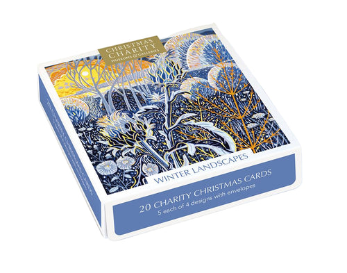 Box of winter landscape Christmas cards with a blue and white design on a white background