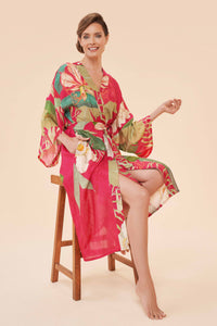 Delicate tropical kimono gown in dark rose