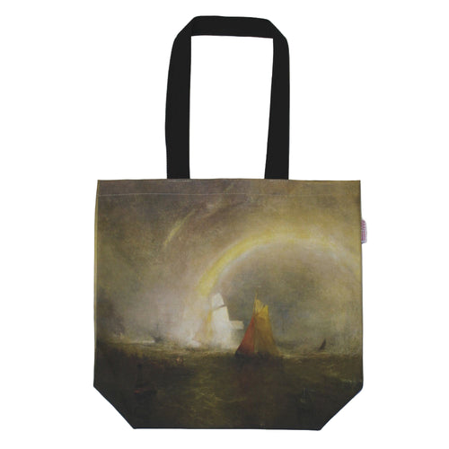 Tote bag with a printed design of a ship and rainbow on a plain background