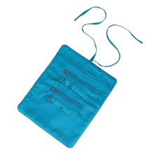 Load image into Gallery viewer, A bright turquoise blue fabric pouch with three zipper compartments and a matching drawstring tie, photographed on a pale pink background.