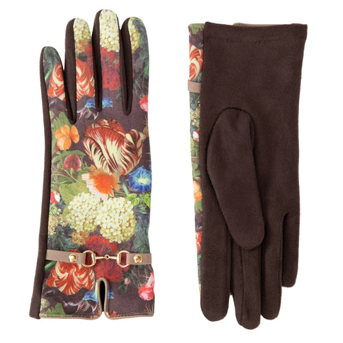 Pair of gloves with floral pattern on one side and plain brown on the other.