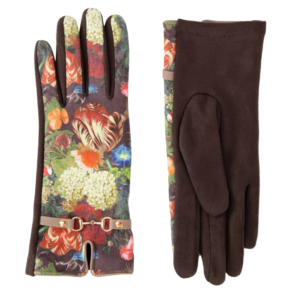 Pair of gloves with floral pattern on one side and plain brown on the other.