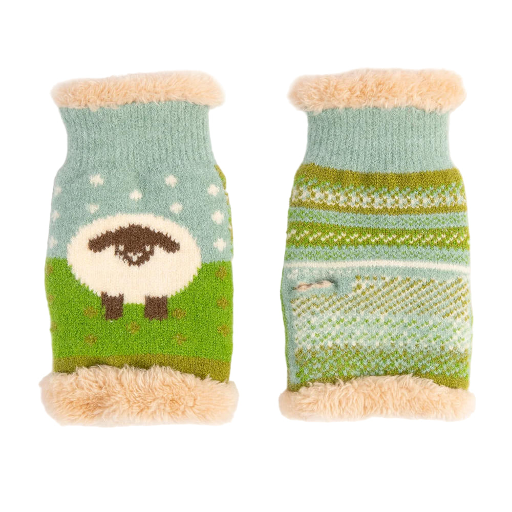 A pair of wrist warmers in blue and green with a sheep design.