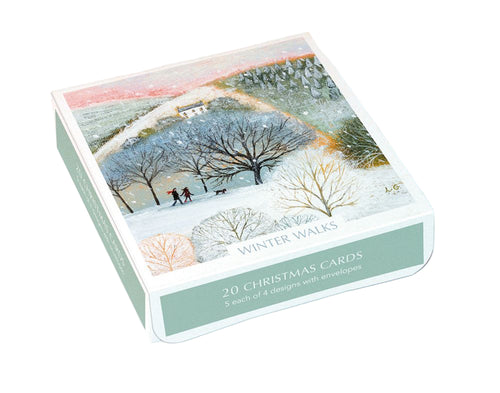 Box of Christmas cards with winter scene design on a white background