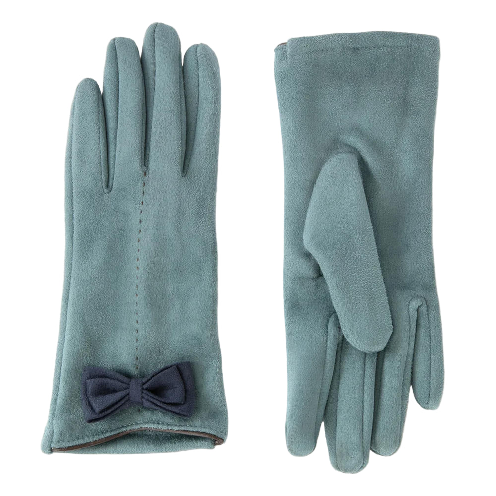 Pair of teal gloves with a bow on a white background
