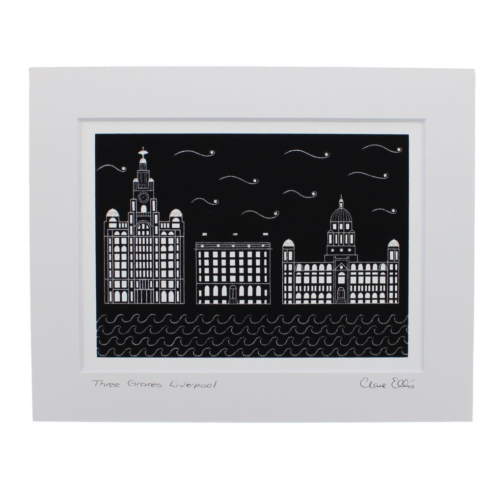 Three Graces Liverpool black mounted print