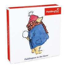 Load image into Gallery viewer, A box of Paddington Bear Christmas cards with an illustration of Paddington in a blue coat holding a snowball.