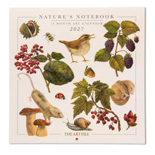 Load image into Gallery viewer, A square Nature's Notebook 2027 12 Month Art Calendar from The Art File, featuring a cream-colored cover decorated with vintage-style botanical and animal illustrations including a bird, berries, mushrooms, a snail, and a ladybug.