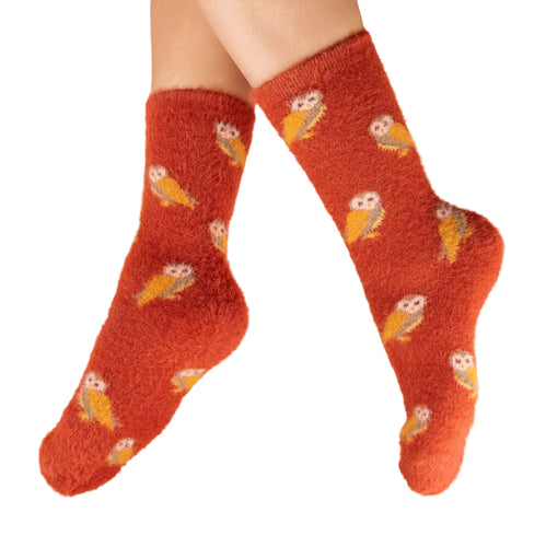 Mini owls tangerine fuzzy socks