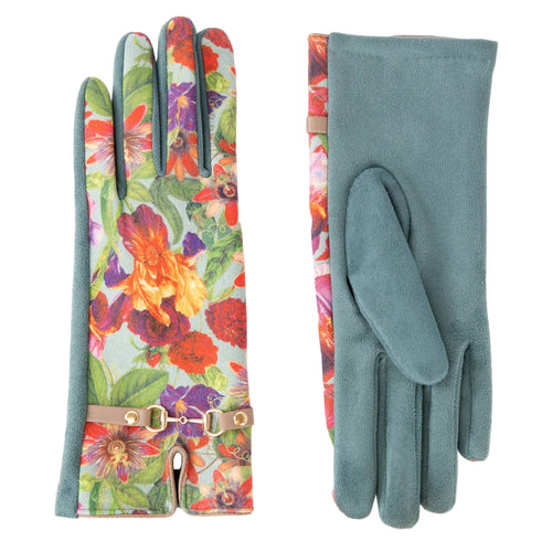 Pair of gloves with floral pattern on one side and solid color on the other, on a white background.