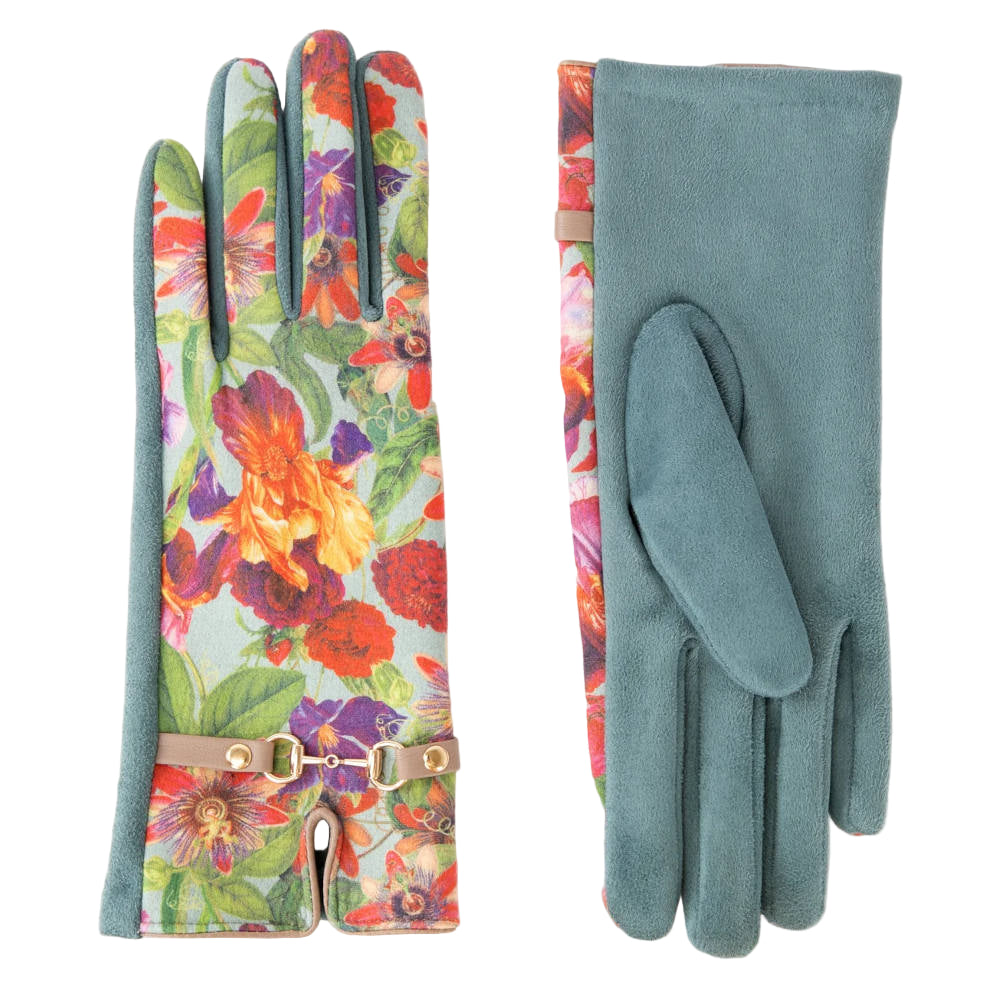Pair of gloves with floral pattern on one side and solid color on the other, on a white background.