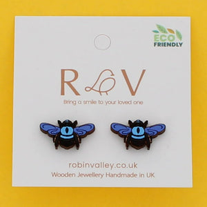 Blue bee stud earrings