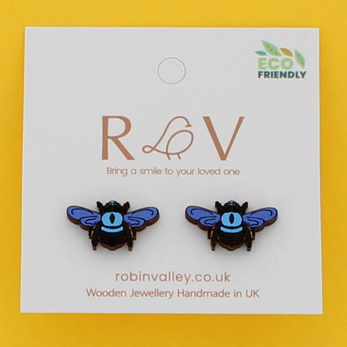 Blue bee stud earrings