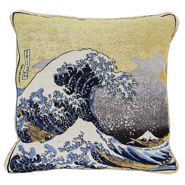 Square cushion with a tapestry design showing Hokusai's The Great Wave.