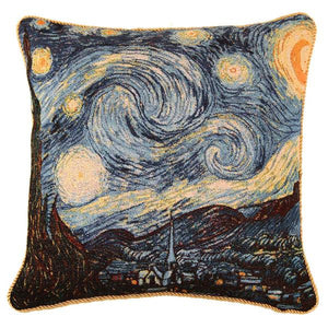 Square cushion showing a woven design inspired by Van Gogh's starry night painting